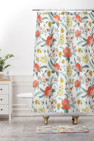 Heather Dutton Poppy Meadow White Shower Curtain And Mat