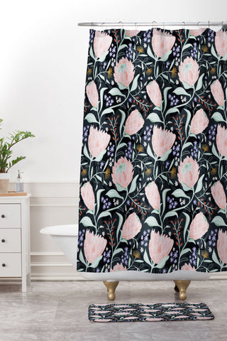 Heather Dutton Protea Field Midnight Blue Shower Curtain And Mat