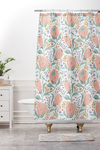 Heather Dutton Protea Field White Shower Curtain And Mat
