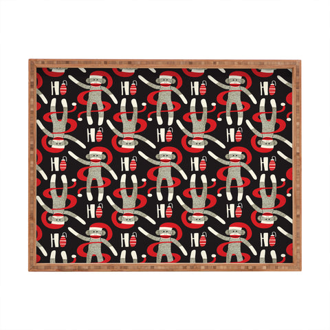 Heather Dutton Sock Monkey Santa Black Rectangular Tray