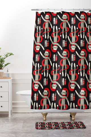 Heather Dutton Sock Monkey Santa Black Shower Curtain And Mat