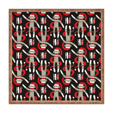 Heather Dutton Sock Monkey Santa Black Square Tray