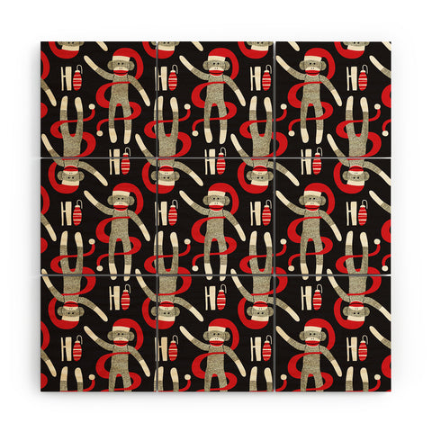 Heather Dutton Sock Monkey Santa Black Wood Wall Mural