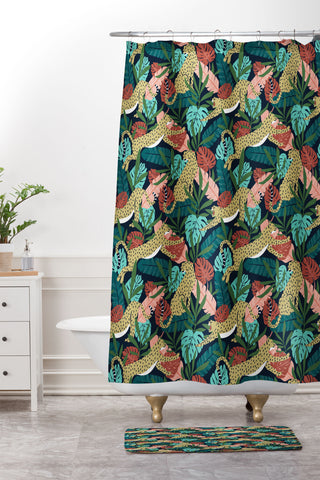 Heather Dutton Spotted Jungle Cheetahs Midnight Shower Curtain And Mat