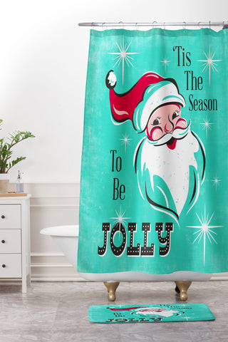 Heather Dutton Tis The Season Retro Santa Aqua Shower Curtain And Mat