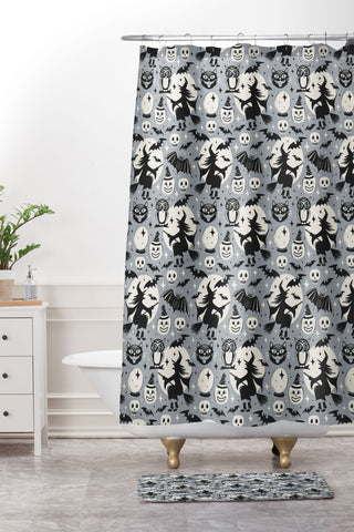 Heather Dutton Witchy Wonders Halloween Grey Shower Curtain And Mat