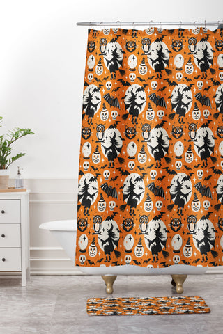 Heather Dutton Witchy Wonders Halloween Orange Shower Curtain And Mat