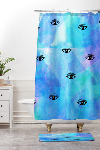 Hello Sayang Eye Blush Blue Shower Curtain And Mat