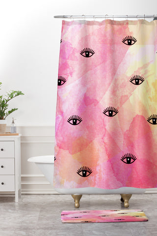Hello Sayang Eye Blush Pink Shower Curtain And Mat