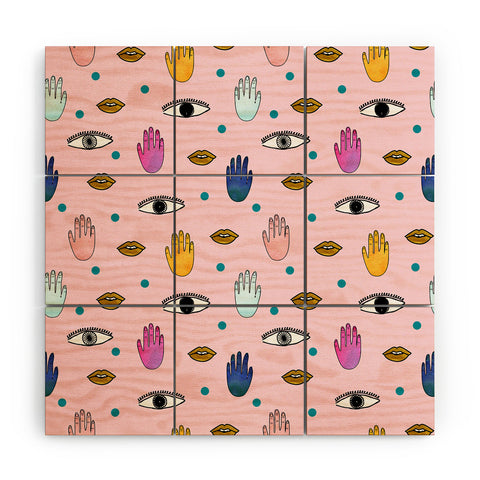 Hello Sayang Eyes Hands Lips Dots Wood Wall Mural