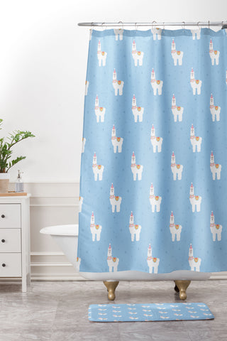Hello Sayang Fa La La La Llama Blue Shower Curtain And Mat