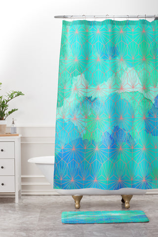 Hello Sayang Geo Deep Blue Shower Curtain And Mat