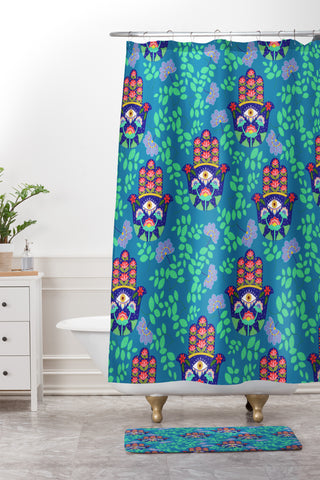 Hello Sayang Hamsa Midnight Blue Shower Curtain And Mat