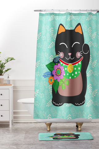 Hello Sayang Lucky Black Cat Shower Curtain And Mat
