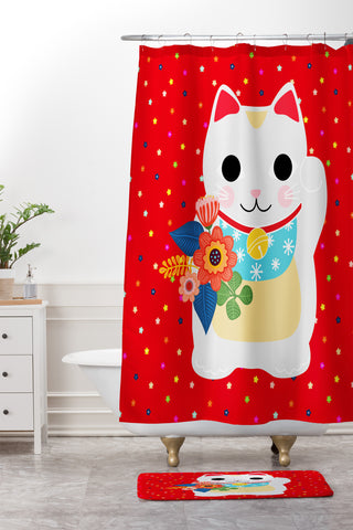 Hello Sayang Lucky Cat Shower Curtain And Mat