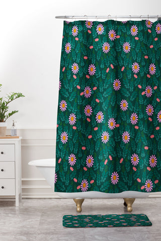 Hello Sayang Wild Daisies Forest Green Shower Curtain And Mat
