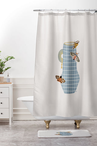 Hello Twiggs Blue Vase with Butterflies Shower Curtain And Mat