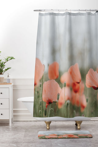Hello Twiggs Peach Red Poppies Shower Curtain And Mat