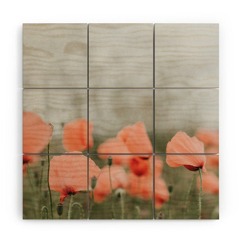 Hello Twiggs Peach Red Poppies Wood Wall Mural