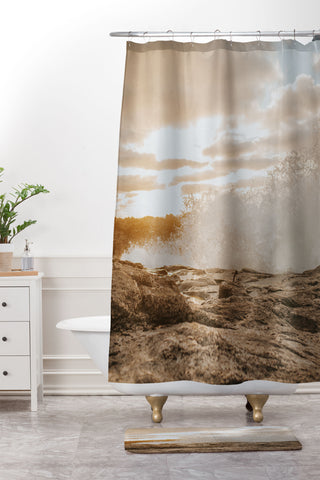 Hello Twiggs Sunset Rough Waves Shower Curtain And Mat