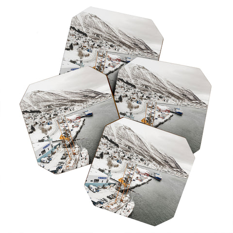 Henrike Schenk - Travel Photography Harbor In Norway Snow Photo Winter In Norway Boats And Mountains Coaster Set