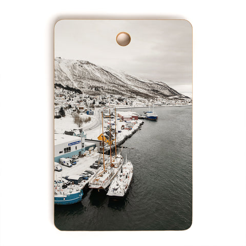 Henrike Schenk - Travel Photography Harbor In Norway Snow Photo Winter In Norway Boats And Mountains Cutting Board Rectangle