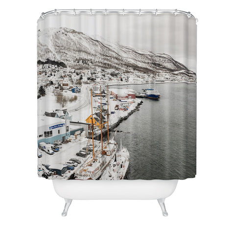 Henrike Schenk - Travel Photography Harbor In Norway Snow Photo Winter In Norway Boats And Mountains Shower Curtain