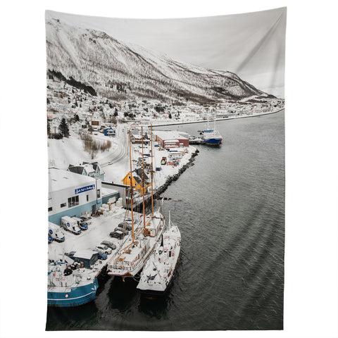 Henrike Schenk - Travel Photography Harbor In Norway Snow Photo Winter In Norway Boats And Mountains Tapestry