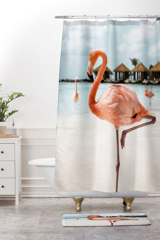 Henrike Schenk - Travel Photography Pink Flamingo Beach Photo Aruba Island Tropical Summer Bird Shower Curtain And Mat