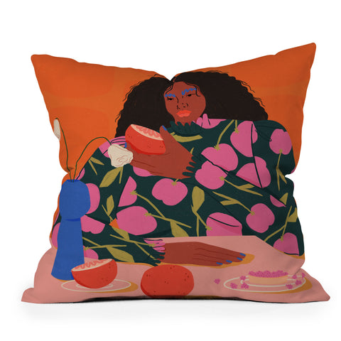 isabelahumphrey Still Life of a Woman with Dessert and Fruit Throw Pillow