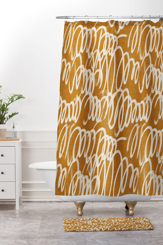 Iveta Abolina Chunky Squiggle Caramel Linen Shower Curtain And Mat