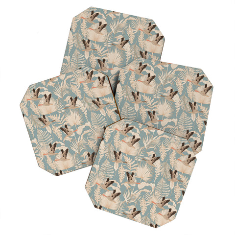 Iveta Abolina Geese and Palm Teal Coaster Set