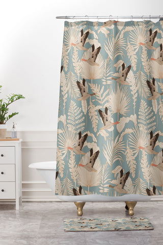 Iveta Abolina Geese and Palm Teal Shower Curtain And Mat