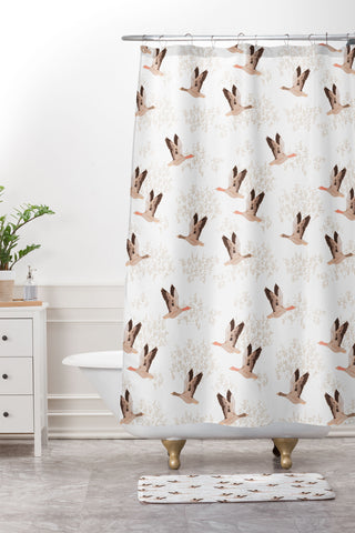 Iveta Abolina Geese White Shower Curtain And Mat