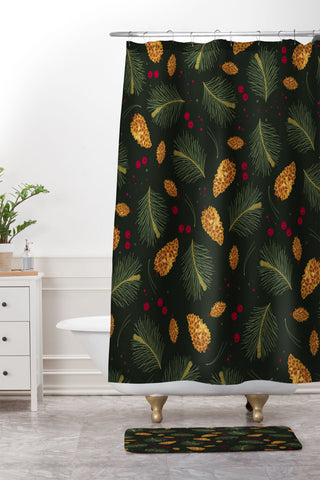 Iveta Abolina Golden Pine Cones Shower Curtain And Mat