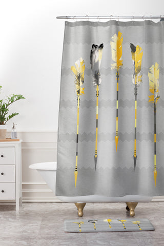 Iveta Abolina Gray Yellow Feathers Shower Curtain And Mat