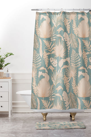 Iveta Abolina Palm Leaves Teal Shower Curtain And Mat