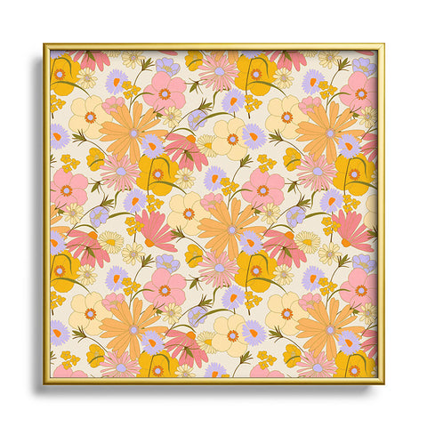 Iveta Abolina Purple Daisies 70s Cream Metal Square Framed Art Print