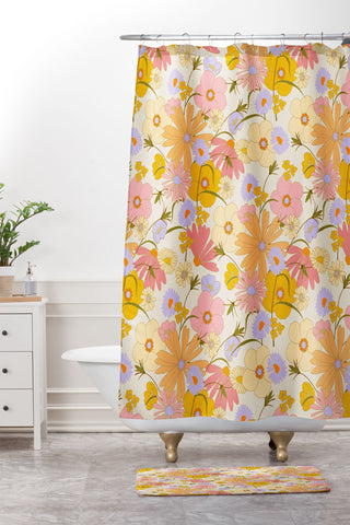 Iveta Abolina Purple Daisies 70s Cream Shower Curtain And Mat