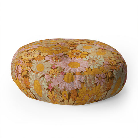 Iveta Abolina Retro Florals 70s Brown Floor Pillow Round