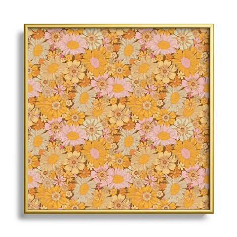 Iveta Abolina Retro Florals 70s Brown Metal Square Framed Art Print