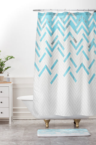 Iveta Abolina Teal Chevron Shower Curtain And Mat
