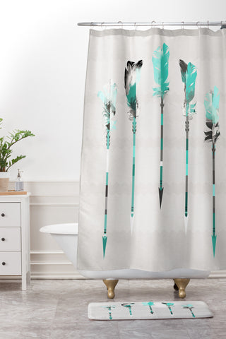 Iveta Abolina Teal Feathers Shower Curtain And Mat