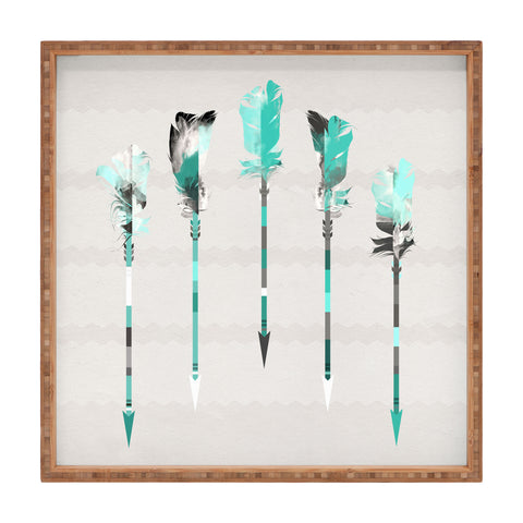 Iveta Abolina Teal Feathers Square Tray