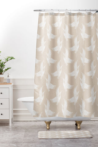 Iveta Abolina White Cranes Cream Shower Curtain And Mat