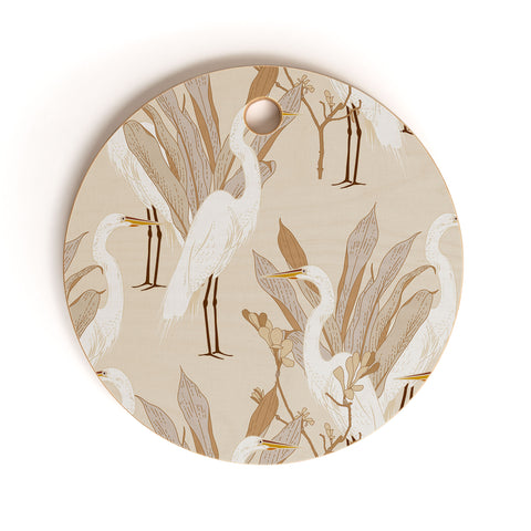 Iveta Abolina White Cranes Linen Cutting Board Round