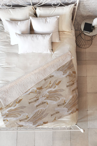 Iveta Abolina White Cranes Linen Fleece Throw Blanket