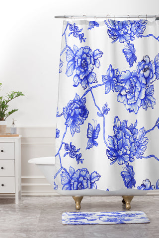 Jacqueline Maldonado Chinoserie Floral White Shower Curtain And Mat