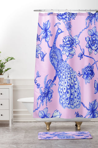 Jacqueline Maldonado Chinoserie Peacock Blush Shower Curtain And Mat