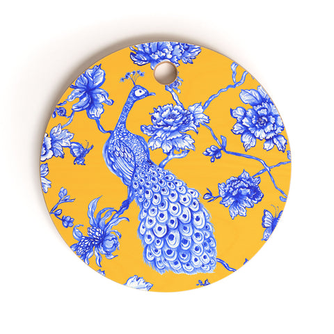 Jacqueline Maldonado Chinoserie Peacock Yellow Cutting Board Round